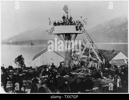 Bandstand and rostrum erected soon after the landing 0f Metlakahtlans on Annette Island, Alaska. Stock Photo