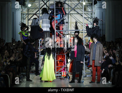 A model presents a creation by Ukrainian designer ZALEVSKIY during the Ukrainian Fashion Week in Kiev on March 22, 2015. UPI/Ivan Vakolenko Stock Photo