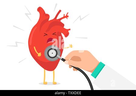 Cartoon heart character unhealthy sick emoji pain emotion and hand holding stethoscope arrhythmia check rate. Vector circulatory organ with lightning bolts heart attack concept illustration Stock Vector