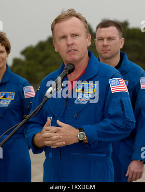 NASA Astronaut, Andrew Thomas, Mission Specialist 3, addresses the media shortly after arrival at the Kennedy Spaqce Center, FL on July 9, 2005. The Crew of STS 114 arrived to begin final preparations for their upcoming mission, STS 114 aboard Space Shuttle Discovery on July 13. The mission marks NASA's return to manned spaceflight. (UPI Photo/Marino-Cantrell) Stock Photo