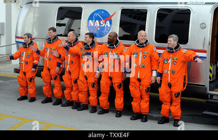 The astronaut crew of NASA's Space Shuttle Atlantis, Steve Frick, Alan Poindexter, Leland Melvin, Rex Walheim, Hans Schlegel, Stanley Love and Leopold Eyharts (right to left),  depart from the crew quarters at the Kennedy Space Center, Florida on February 7, 2008. The crew will flt Atlantis to the International Space Station where they will install the European Space Agency's Columbus module to the orbiting laboratory. .(UPI Photo/Joe Marino-Bill Cantrell) Stock Photo