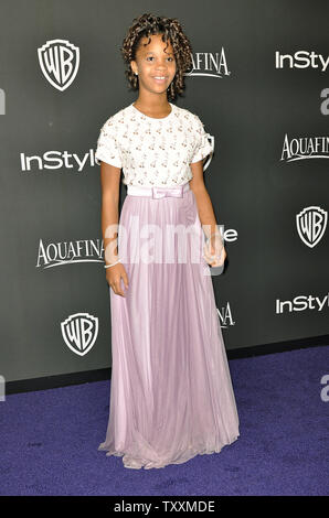 Quvenzhane Wallis arrives at the lnStyle and Warner Brothers Golden Globes after party at the Beverly Hilton Hotel in Beverly Hills, California on January 11, 2015. Photo by Christine Chew/UPI Stock Photo