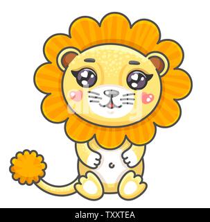 Cute lion cartoon vector illustration. Smiling baby animal lion in kawaii style isolated on white background. Stock Vector