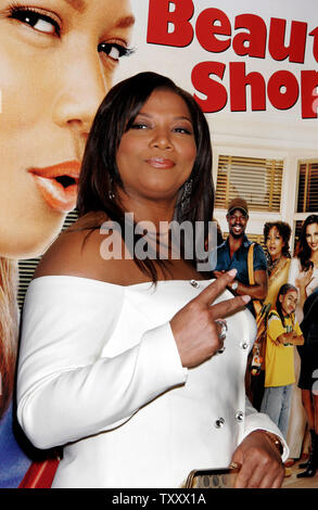 Actress Queen Latifah arrives at the March 23, 2005 Los Angeles premiere of the film, ' Beauty Shop', at the Mann National Theatre. (UPI Photo/Francis Specker) Stock Photo