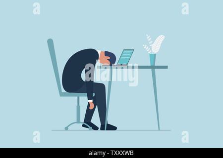 Professional burnout syndrome. Exhausted sick tired male manager in office sad boring sitting with head down on laptop. Frustrated worker mental Stock Vector