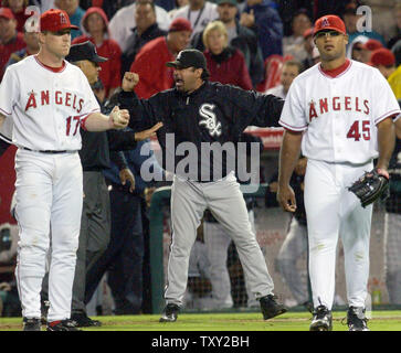 Chicago White Sox manager Ozzie Guillen, center right,  argues with first base umpire Randy Marsh as Los Angeles Angels first baseman Darin Erstad (17) and relief pitcher Kelvim Escobar (45) start walking off the field during the eighth inning in game 5 of the American League Championship Series October 16, 2005, in Anaheim, CA.  Guillen successfully argued that the runner, A.J. Pierzynski, was not tagged by Escobar.  The White Sox won 6-3 to advance to the World Series.  (UPI Photo/John Hayes) Stock Photo