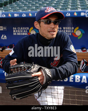 Seattle Mariners right fielder Ichiro Suzuki, playing for Japan in the  World Baseball Classic, stretches during practice at Angel Stadium in  Anaheim, California on March 11, 2006. Japan will face Team USA