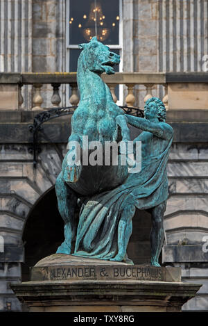 The statue of Alexander the Great and his horse Bucephalus in the courtyard of the Edinburgh City Chambers in Old Town of Edinburgh. Stock Photo