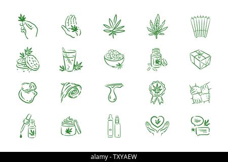 Vector hand drawn illustration of medical cannabis icons on white background Stock Vector