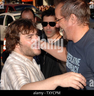 Jack Black (L) and Peter Stormare, cast members in the motion picture comedy 'Nacho Libre,' greet one another during the premiere of the film at Grauman's Chinese Theatre in the Hollywood section of Los Angeles on June 12, 2006. (UPI Photo/Jim Ruymen) Stock Photo