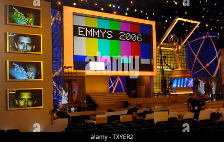 Technicians make final stage preparations at the Shrine Auditorium for the 58th annual Primetime Emmy Awards in Los Angeles on August 25, 2006. The award show airs Sunday, Aug. 27. (UPI Photo/Jim Ruymen) Stock Photo