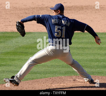 San Diego Padres pitcher Trevor Hoffman throws against the San Francisco  Giants in the 9th inning at Petco Park in San Diego on April 9, 2007. The  Padres beat the Giants 1-0