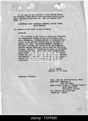 Citation Of Award Of Navy And Marine Corps Medal To John Fitzgerald Kennedy Signed By Admiral W F Halsey Undated Stock Photo Alamy