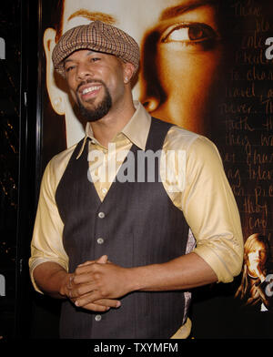 Chicago-bred rapper Common arrives as a guest for the premiere of the motion picture drama 'Freedom Writers' in Los Angeles on January 4, 2007. 'Freedom Writers' is inspired by a true story and the diaries of real Long Beach, Ca. teenagers after the L.A. riots. Hilary Swank portrays Erin Gruwell who inspires her class of at-risk students to learn tolerance, apply themselves, and pursue education beyond high school, despite their hatred of her. (UPI Photo/Jim Ruymen) Stock Photo