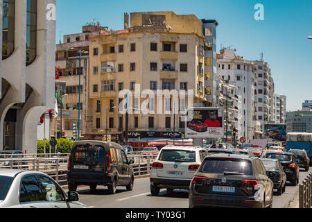 Casablanca, Morocco - 15 june 2019: cars trucks and taxis in the middle of a traffic jam