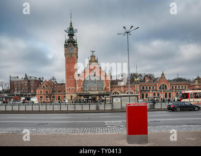 Gdansk, Poland – Feb 14, 2019: View at historic late 19th century main railway station buildings in Gdansk, Poland. Stock Photo