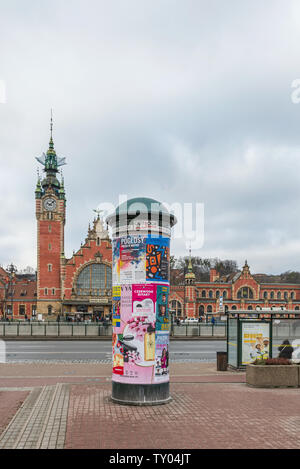 Gdansk, Poland – Feb 14, 2019: View at historic late 19th century main railway station buildings in Gdansk, Poland. Stock Photo