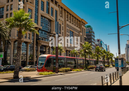 Casablanca, Morocco - 15 june 2019: tram passing at financial district