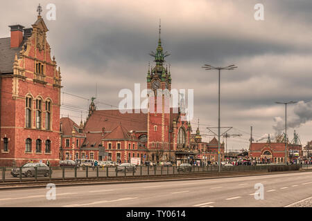 Gdansk, Poland – Feb 14, 2019: View at historic late 19th century main railway station buildings in Gdansk, Poland. Stock Photo