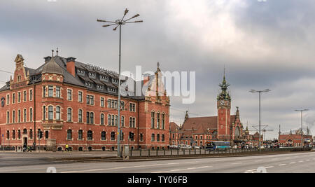 Gdansk, Poland – Feb 14, 2019: View at historic late 19th century main railway station buildings in Gdansk, Poland. Stock Photo