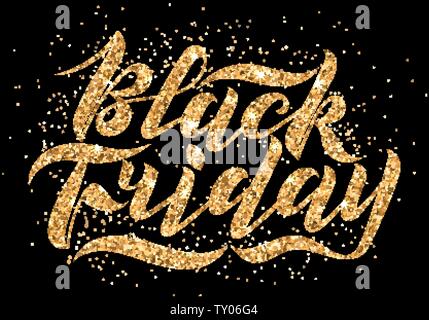 Handwritten modern brush lettering with gold glitter texture. Black Friday on black background. Cool logo for banner, flyer, label, poster. Stock Vector