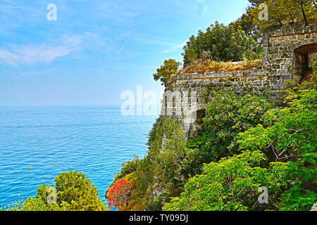 Monte-Carlo, Monaco - June 13, 2014: sea and old coastal fortress Stock Photo