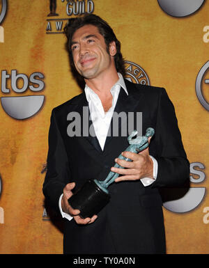 Spanish Actor Javier Bardem Holds His Award For Outstanding