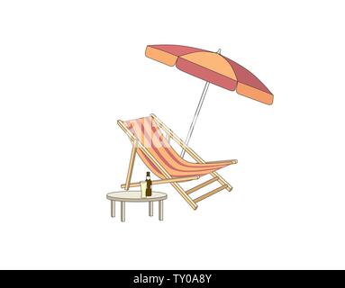 Chaise longue, table, parasol isolated. Deckchair drawing. Deck chair, table, parasol - summer sunbath beach resort symbol of the holidays Stock Vector