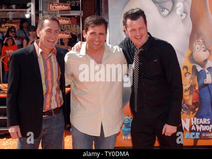 Actor Steve Carell (C), the voice of the Mayor in the animated motion picture 'Horton Hears A Who!', based on a Dr. Seuss story, attends the the world premiere of the film with directors Steve Martino (L) and Jimmy Hayward in Los Angeles on March 8, 2008.  (UPI Photo/Jim Ruymen) Stock Photo