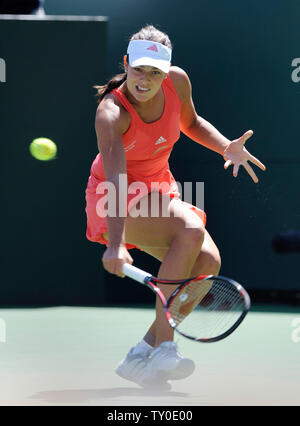Serbian player Ana Ivanovic returns a backhand shot during her win over Russian player Svetlana Kuznetsova in the women's final at the Pacific Life Open at the Indian Wells Tennis Garden in Indian Wells, California on March 23, 2008. (UPI Photo/ Phil McCarten) Stock Photo