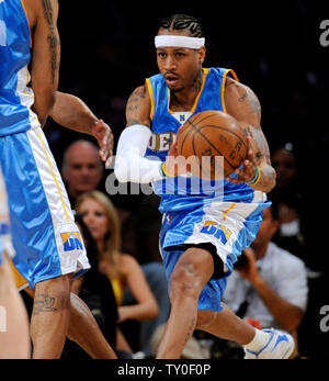 Denver Nuggets' Allen Iverson (3) looks to pass in the first half of Game 2 in the Western Conference playoffs at Staples Center in Los Angeles on April 23, 2008. The Lakers defeated the Nuggets 122-107 to lead the best-of-seven series 2-0. (UPI Photo/Jim Ruymen) Stock Photo