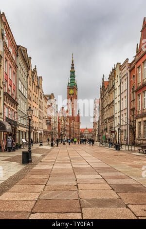 Gdansk, Poland – Feb 14, 2019: View at the houses and Town Hall building in Historic Old Town district city of Gdansk, Poland. Stock Photo