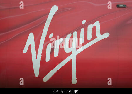 The Virgin logo as seen on the side of one of the company's Pendolino trains.