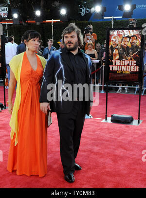 Jack Black, a cast member in the action comedy motion picture 'Tropic Thunder', attends the premiere of the film with his wife, Tanya Haden at Mann's Village Theater in the Westwood section of Los Angeles on August 11, 2008. (UPI Photo/Jim Ruymen) Stock Photo