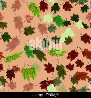 Maple Leaves Vector Seamless Pattern autumn style - red, green and ginger yellow colors. Ginger Background and texture decoration Stock Vector