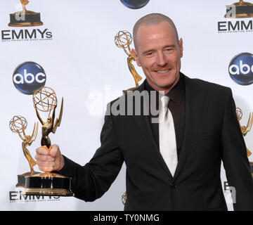 Bryan Cranston holds his Emmy for outstanding lead actor in a drama series for his work on 'Breaking Bad'  at the 60th Primetime Emmy Awards at the Nokia Center in Los Angeles on September 21, 2008.    (UPI Photo/Scott Harms) Stock Photo