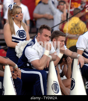 Penn State Nittany Lions cheerleaders have nothing to cheer about as they watch their team lose to the USC Trojans 38-24 in the 95th Rose Bowl Game in Pasadena, California on January 1, 2009. (UPI Photo/Shotaro Yamada) Stock Photo