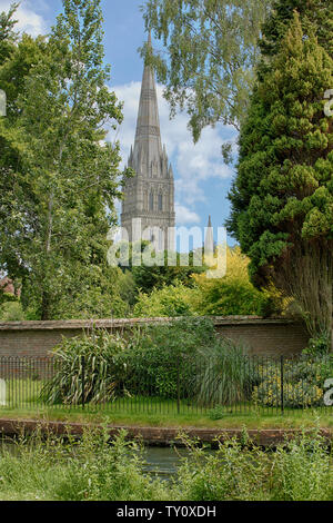 Salisbury Cathedral, View across the River Avon in Summer from Churchill Gardens. Stock Photo