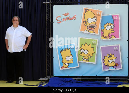 Creator and Executive Producer Matt Groening stands beside a display at the unveiling of the new 'The Simpsons' U.S. postage stamps in Los Angeles May 7, 2009. (UPI Photo/Jim Ruymen) Stock Photo