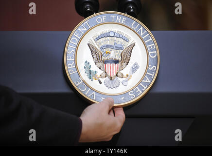 The seal of the Vice President of the United States is placed on the podium as Vice President Joe Biden tours the Esperanza Community Housing site in Los Angeles on May 15, 2009. (UPI Photo/ Phil McCarten) Stock Photo