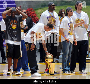 Los Angeles Lakers' Pau Gasol celebrates with Kobe Bryant during the  Lakers' NBA championship ceremony at the Coliseum in Los Angeles on June  17, 2009. A crowd of about 90,000 fans attended. (