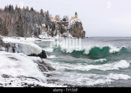 Waves striking shoreline of Lake Superior, Split Rock Lighthouse State Park, February, Lake County, MN, USA, by Dominique Braud/Dembinsky Photo Assoc Stock Photo