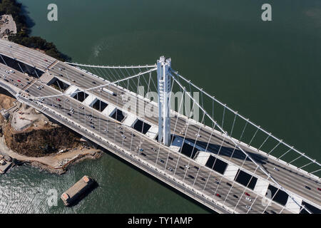 Aerial down view of traffic on the San Francisco and Oakland Bay Bridge in California.