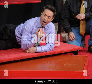 Actor Robert Downey Jr. eats wet cement as he signs his name in a batch ...