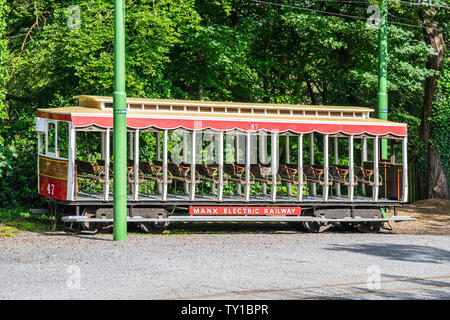 Laxey, Isle of Man, June 15, 2019. The Manx Electric Railway is an electric interurban tramway connecting Douglas, Laxey and Ramsey in the Isle of Man Stock Photo