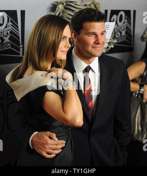 Emily Deschanel (L) and David Boreanaz, who portray Dr. Temperance 'Bones' Brennan and FBI special agent Seeley Booth respectively in the television crime drama 'Bones', attend the show's 100th episode celebration in West Holywood, California on April 7, 2010.     UPI/Jim Ruymen Stock Photo