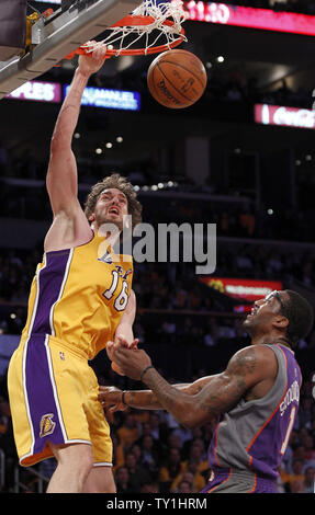 Los Angeles Lakers forward Pau Gasol makes a dunk over Phoenix Suns forward Amare Stoudemire  during the second half of Game 1 of their Western Conference Finals series at Staples Center in Los Angeles on May 17, 2010. The Lakers won 128-107 . UPI Photo/Lori Shepler Stock Photo