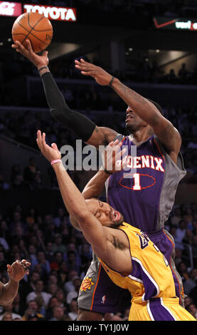 Los Angeles Lakers guard Derek Fisher is called for a foul on Phoenix Suns forward Amare Stoudemire (1)  during the first half of Game 5 of their Western Conference Final series at Staples Center in Los Angeles on May 27, 2010. The Lakers defeated the Suns 103-101. UPI Photo/Lori Shepler Stock Photo