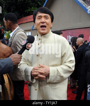 Jackie Chan, who stars with Jaden Smith in the motion picture action drama 'The Karate Kid', strikes a pose as he attends the premiere of the film in Los Angeles on June 7, 2010.  UPI/Jim Ruymen Stock Photo