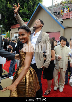 Actor Will Smith and his wife, actress Jada Pinkett Smith attend the premiere of the motion picture action drama 'The Karate Kid' in Los Angeles on June 7, 2010. Jackie Chan, who stars in the the film with Jaden Smith looks on at right.  UPI/Jim Ruymen Stock Photo